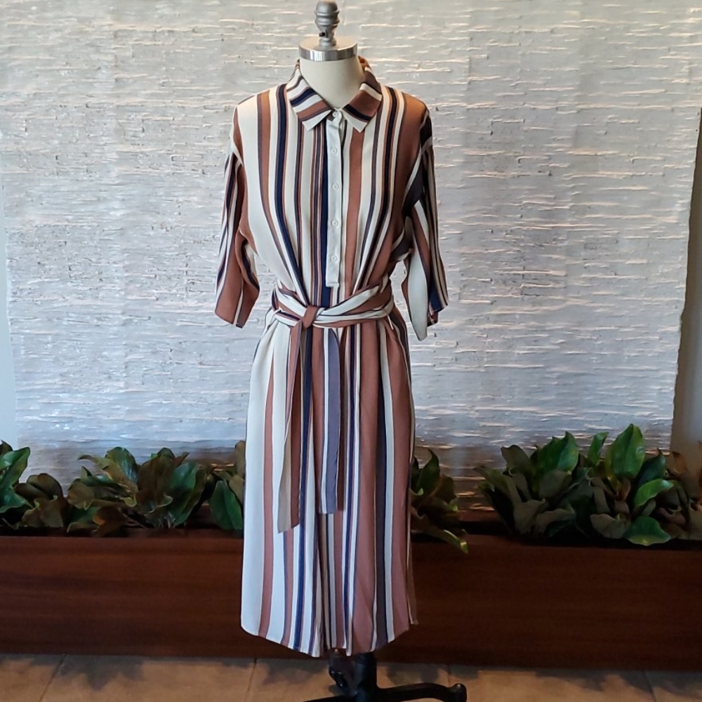 Dress Forum Cream/Blue/Tan Stripe Shirt Dress, S